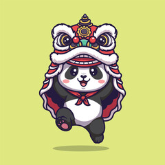 Cute Panda Vector Illustration Dancing in Chinese Lion Costume with Red Scarf on Green Background