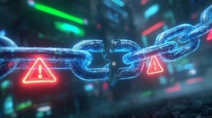 Digitally rendered broken chain with warning signs floating in a blurred background, concept for cybersecurity vulnerability, supply chain disruption and data breach protection