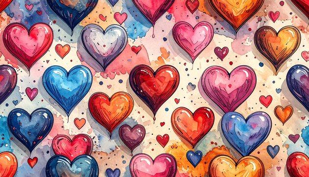 A watercolor design featuring colorful hearts in varied sizes
