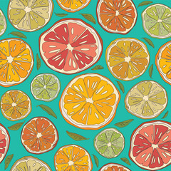 Cute orange, lime and pomegranate halves doodle line seamless pattern on turquoise background