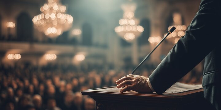 Businessman giving speech on stage at conference with crowd and chandeliers, concept for corporate event, keynote presentation and public speaking engagement