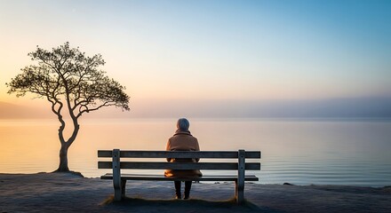 Person on bench facing tranquil ocean at sunrise with tree silhouette