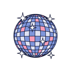 Illustration of a disco ball with pink and blue squares and stars.