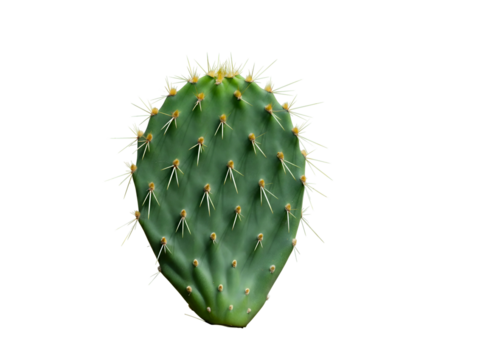 Detailed shot of a single green prickly pear cactus pad, also known as an opuntia cladode, isolated on a pure white background