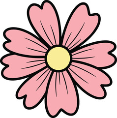 Pink flower illustration with eight petals, cartoon floral vector art, CAD drawing style, decorative blossom, flat minimal clean outline graphic