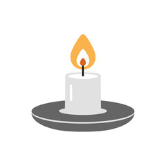 Simple flat design illustration of a lit white candle on a dark grey holder, emitting a warm orange flame.