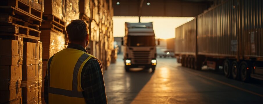 Rear view of a warehouse supervisor in a safety vest inspecting loading trucks, sunlight, filled with parcels. Concept for logistics operation, supply chain administration and freight forwarding - Powered by Adobe
