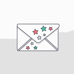 An illustration of a white envelope decorated with colorful stars in red, green, and gray.