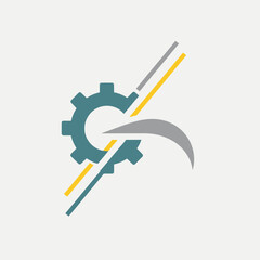 Abstract logo design featuring a gear, diagonal lines, and a swoosh on a light grey background.