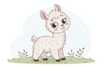 Obraz premium Cute Cartoon Llama Smiling Happily in a Grassy Landscape