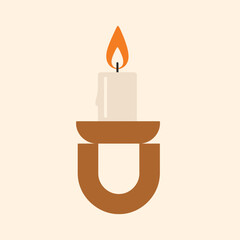 A minimalist illustration of a lit candle in a modern, abstract brown candlestick holder.