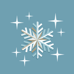 Snowflake with stars on blue background, winter holidays.