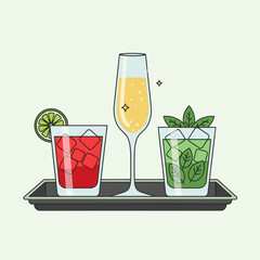 Illustration of three cocktails on a tray.