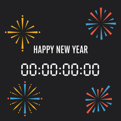 Happy New Year greeting with a digital countdown timer and colorful fireworks on a black background.