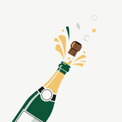 A green champagne bottle with a cork popping out and splashing liquid and bubbles against a white background.