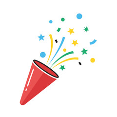 A red party popper exploding with colorful confetti, stars, and streamers on a white background.
