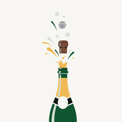 A champagne bottle with its cork popping off, releasing bubbles and liquid.