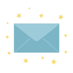 A light blue envelope is shown in the center of the image surrounded by small yellow stars.