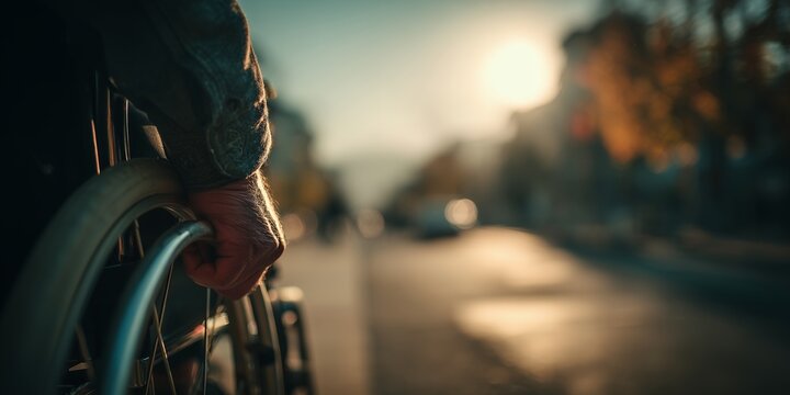 Close-up of elderly man's hand gripping wheelchair wheel on sunny street, concept for senior care assistance, disability awareness and accessibility improvement