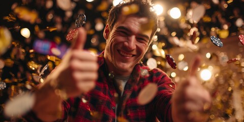 Enthusiastic male manager in a red plaid shirt giving thumbs up with casino chips confetti around him, concept for celebrating a financial success, achieving targets and gambling promotion