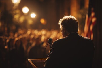 Rear view of a CEO delivering a speech to a crowd in a dark hall with microphone, concept for political campaign, business convention and leadership summit