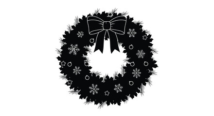 A simple black and white illustration of a christmas wreath with a bow