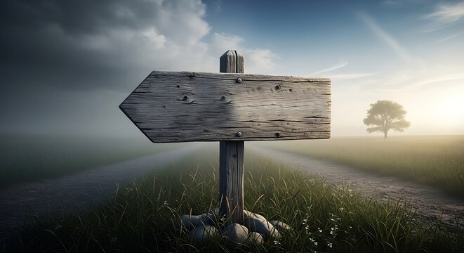 Weathered wooden signpost pointing left on a foggy path