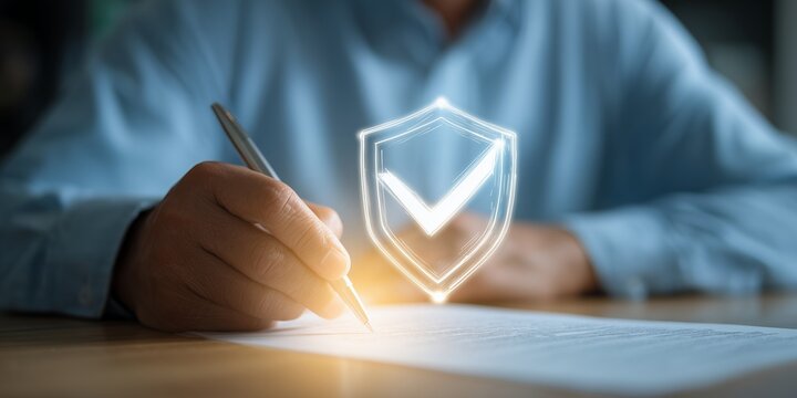A risk manager's hand signs a document near digital shield with checkmark, concept for insurance policy, legal agreement and secure transaction