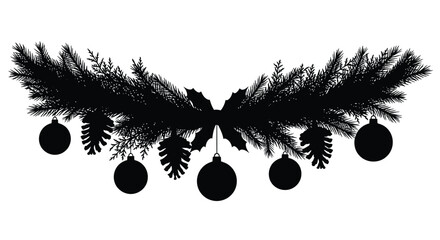 Festive black and white silhouette of evergreen boughs with hanging ornaments