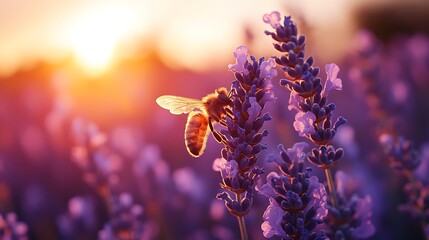Bee on lavender blossom under sunlight