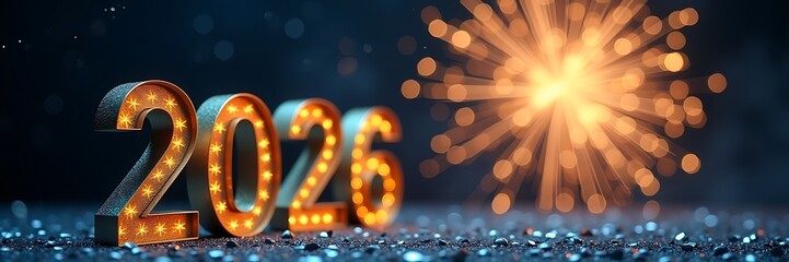 Golden 2026 numbers illuminated with festive fireworks display