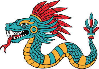 Quetzalcoatl feathered serpent illustration, Aztec mythology god, colorful dragon snake design, Mesoamerican culture art, cad drawing flat vector illustration