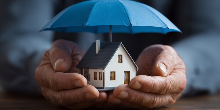 Elderly hands protect small house model with a blue umbrella offering shelter, concept for property insurance, real estate investment and secure retirement planning