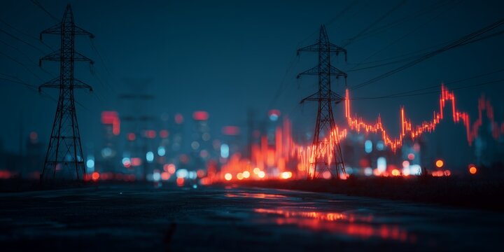 Electric powerlines in the twilight cityscape with rising red graph overlays the urban view, concept for energy market, financial forecast and infrastructure development