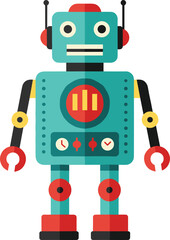 Retro cartoon robot vector illustration, colorful vintage robot character design, flat style mechanical toy artwork, futuristic technology mascot graphic drawing