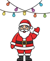 Cheerful santa claus waving under colorful christmas lights on a white background