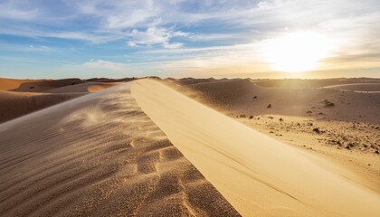 Majestic desert landscape at sunset, with golden sand dunes and wind creating ethereal patterns across the vast arid terrain