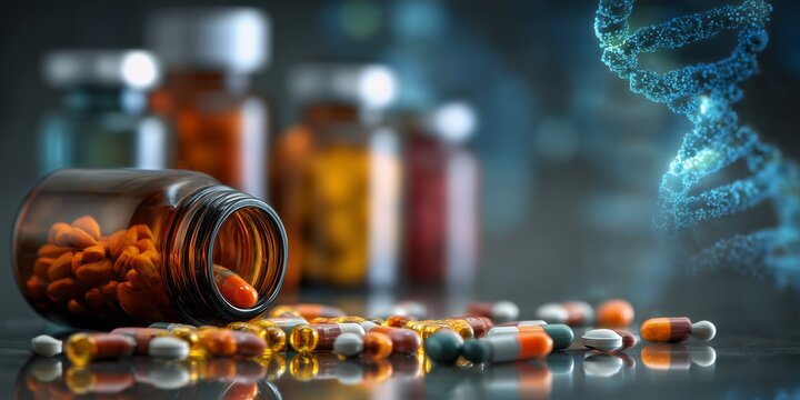 Pills spilling from amber bottle with DNA helix on a reflective surface, concept for pharmaceutical research, genetic engineering and medication development