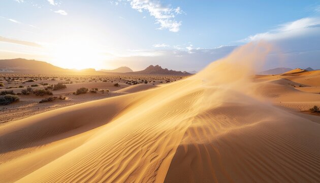 Majestic desert landscape at sunrise, with golden sand dunes sculpted by wind and light, creating dynamic patterns across the vast arid terrain under a dramatic sky - Powered by Adobe