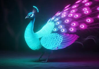 Luminous peacock displaying vibrant plumage against a shadowy backdrop