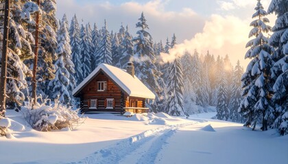 Cozy Log Cabin in Snowy Winter Forest at Sunset