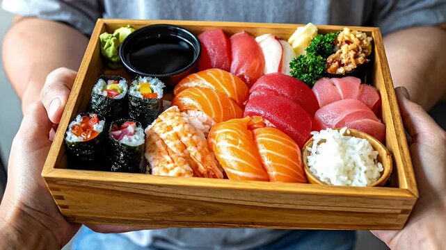 Two Hands Holding Wooden Bento Box Full of Colorful Sushi and Rolls with Wasabi and Soy Sauce