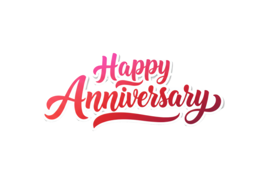 Hand-lettered 'Happy Anniversary' elegant script, vibrant pink-red gradient, 3D effect, heart 'i' dot, soft drop shadow on a bright white background, romantic anniversary concept