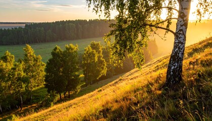 A sun-drenched landscape with rolling hills, trees, and a bright sky
