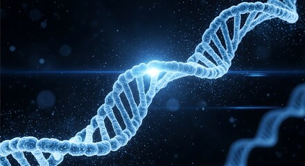 Abstract blue dna helix structure with glowing light and particles