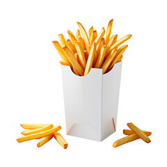 Crispy french fries spilling from a white cardboard container