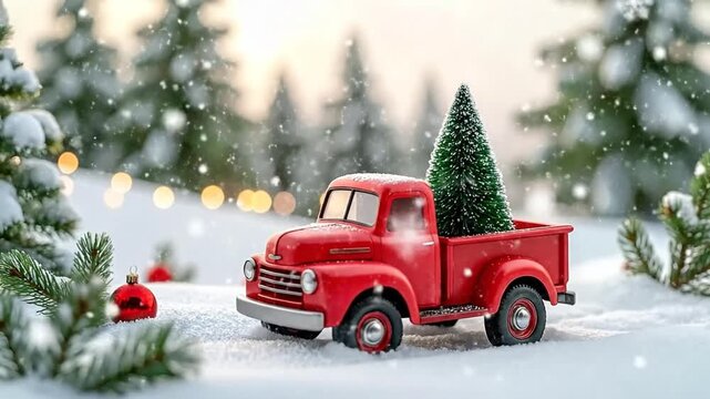 Festive red truck delivering a Christmas tree through a snowy winter landscape with blurred lights