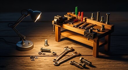 Miniature carpentry workbench with tools under a desk lamp illumination