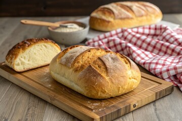 Naklejka premium Freshly Baked Bread Loaves on a Wooden Cutting Board With Flour