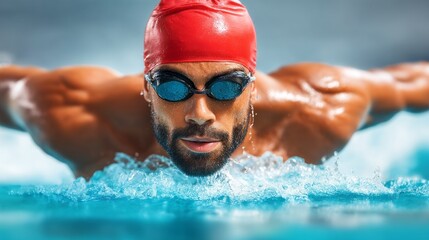 A dedicated young man channels his strength and resilience as he executes an impressive swim stroke in a vibrant pool. The atmosphere is charged with determination and focus